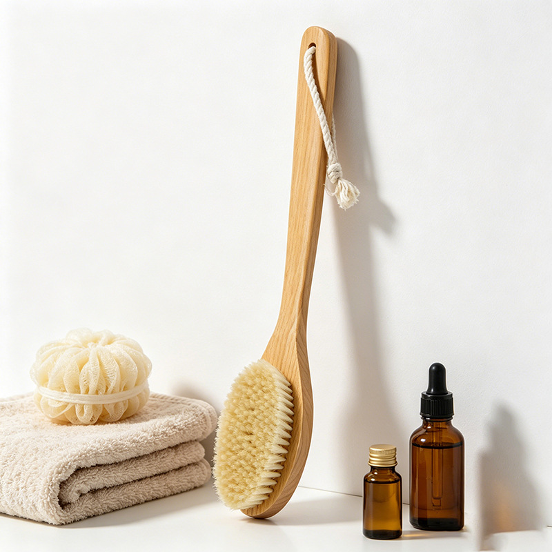 Cepillo de baño de madera maciza con mango largo y curvo, cepillo de masaje transfronterizo, cepillo exfoliante, cepillo de ducha, artículos de uso diario, cepillo para espalda con mango de madera