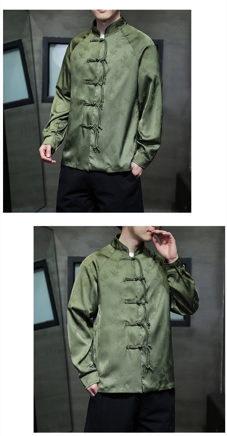 Black Hole Scenery Spring/Summer New Product Chinese Style Bamboo Leaf Silk Jacquard Long sleeved Shirt Button Standing_vogarts.com