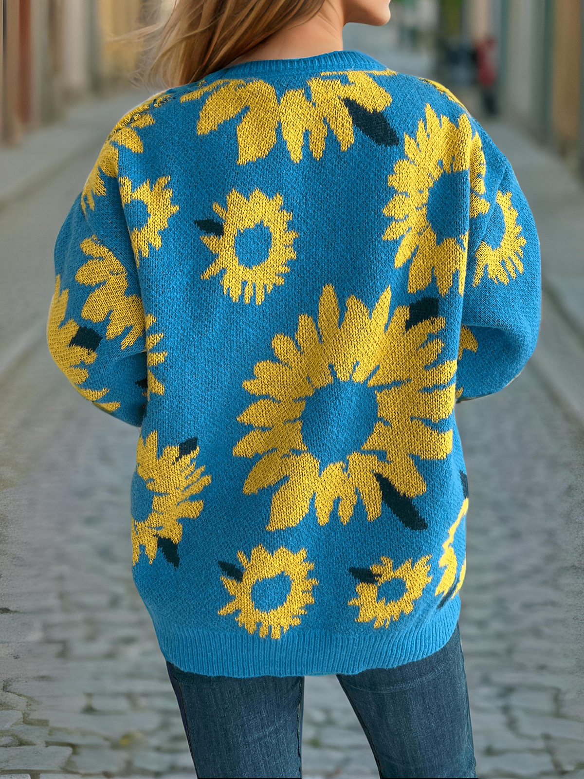 Women's Sunflower Jacquard Knitted Pullover Sweater For Winter_voghion.com