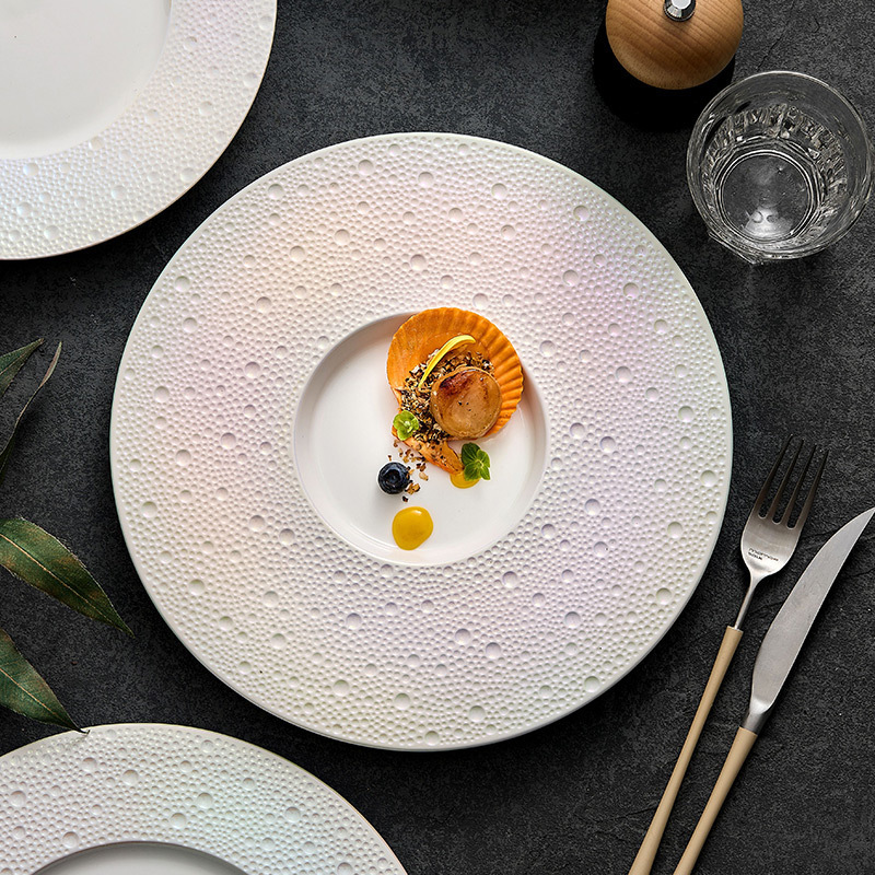 Colorful Embossed Ceramic Western Dinner Plate Shallow Plate Hotel Restaurant Tableware Accessible Luxury High-End Steak Plate Pasta Plate Presentation
