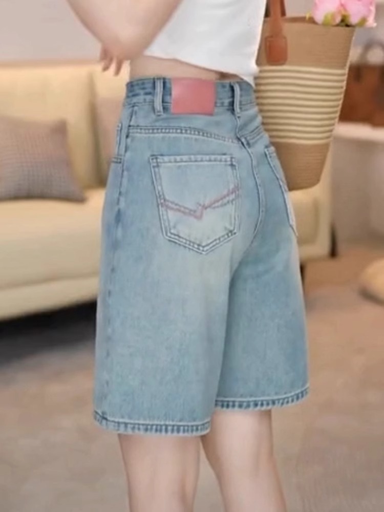 Quần short denim retro nữ lưng cao, phong cách mùa hè, mỏng nhẹ cho người dáng nhỏ — Màu xanh lam nhạt