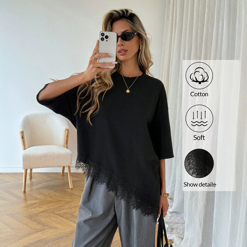 European and American Cross-Border Amazon New Solid Color Round Neck Irregular Lace Splicing Hem Short-Sleeve Women's T-Shirt