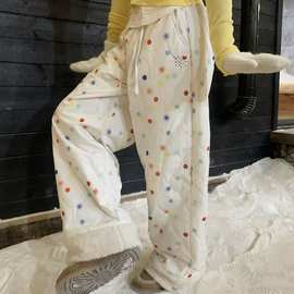 1651# 【加厚】秋冬款彩色波点拼接羊羔毛棉裤冬季宽松夹棉防寒长