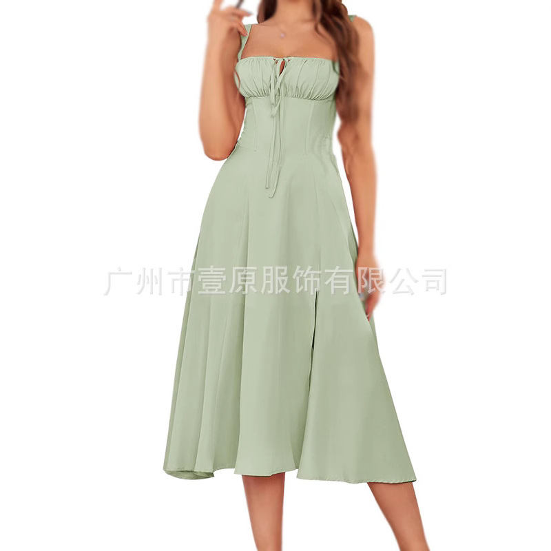 Cross-Border Independent Site 2026 Amazon European and American Summer New Solid Color Spaghetti Strap Dress with Slit and Tie-Up Skirt