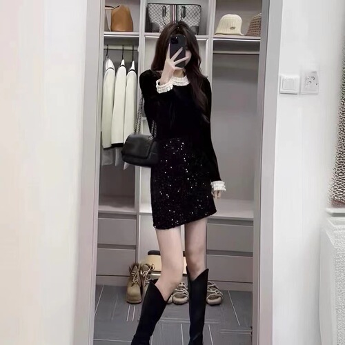 Spring fashion small chanel suit Korean drama black spliced long-sleeved shirt top high waist sequin half skirt two-piece set 