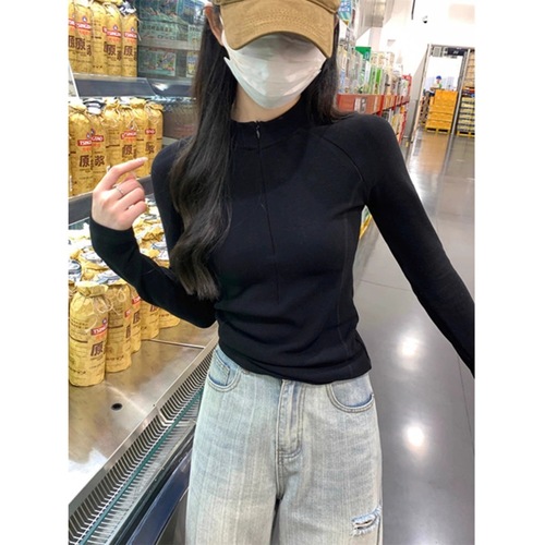 Dedeon T-shirt, Women's Fall/Winter 2025 Design-Driven Half-Turtleneck Zip-Up Top with Fishbone Pattern, Long-Sleeve Inner Layering Base Shirt