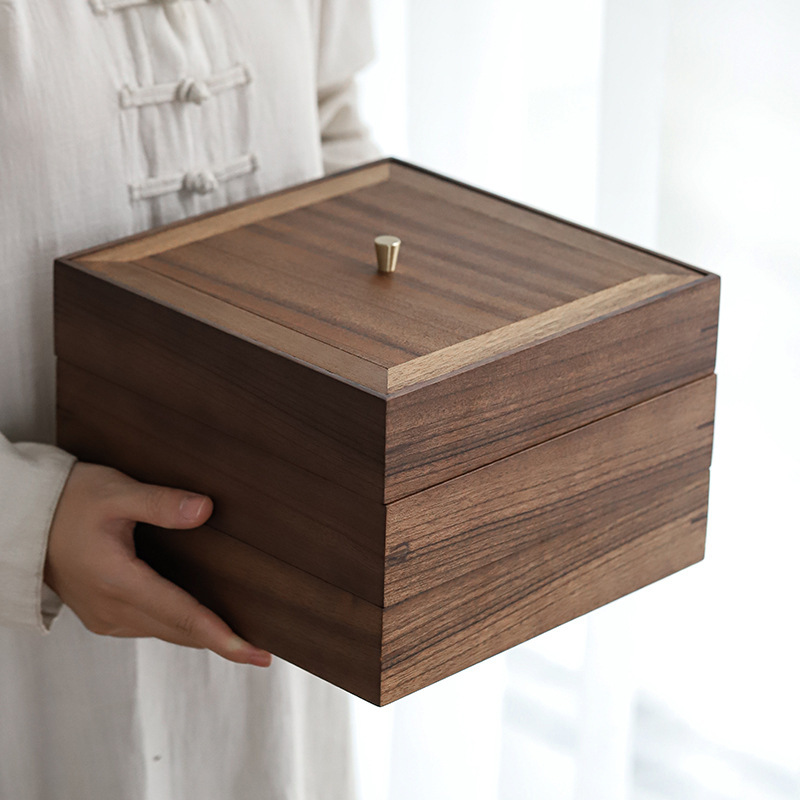 Venta al por mayor nogal Pu'er caja de té multi-capa apilable hogar de madera sólida caja de almacenamiento de pastel de té caja de almacenamiento de té bandeja de Té