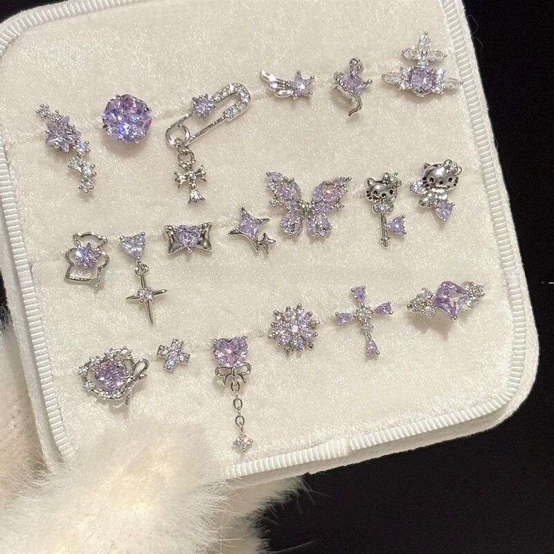 Titanium alloy earrings with 0.9mm internal thread, sparkling purple zirconia earrings collection, copper head inlaid with zirconia, titanium steel earrings for women Titanium alloy earrings with 0.9mm internal thread, sparkling purple zirconia earrings collection, copper head inlaid with zirconia, titanium steel earrings for women
