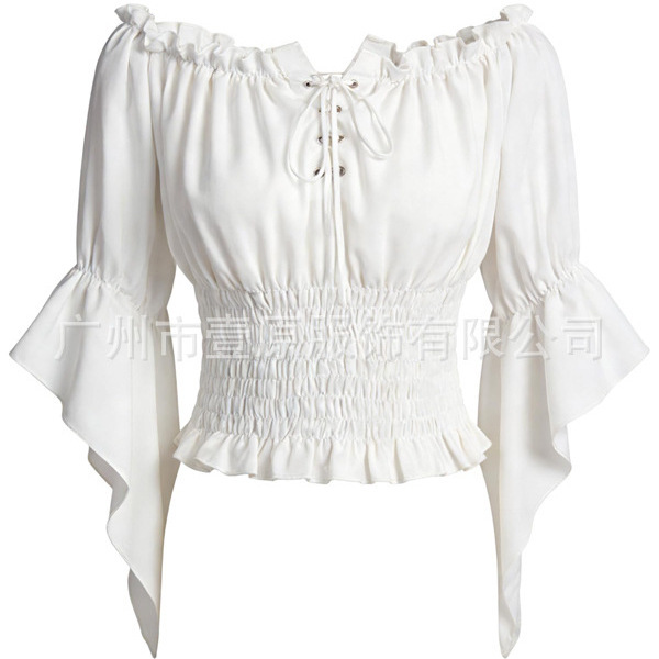 Cross-Border European and American 2026 Halloween Pirate Shirt Performance Costume Medieval Renaissance Mid-Sleeve Waist-Cinching Top for Women Cross-Border European and American 2026 Halloween Pirate Shirt Performance Costume Medieval Renaissance Mid-Sleeve Waist-Cinching Top for Women