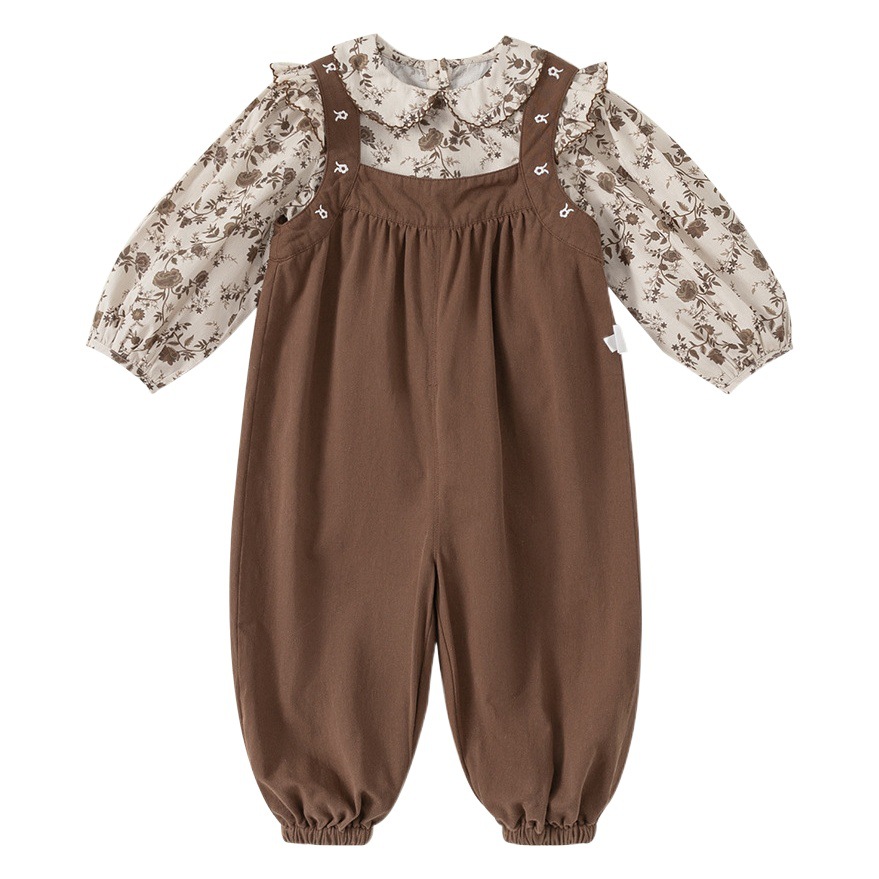 Conjunto de Dos Piezas de Ropa Infantil Youbao para Niña, Camisa con Cuello de Muñeca Floral y Overol, Estilo Pastoral, Atuendo de Primavera
