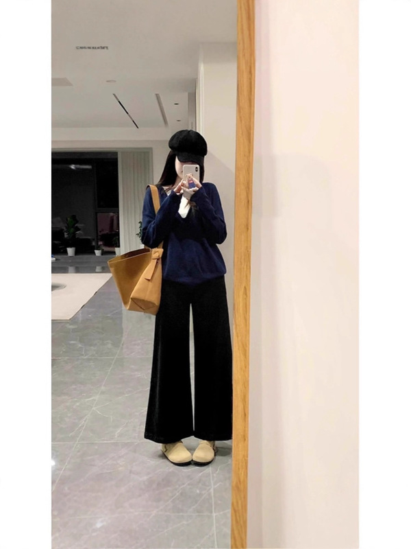 藏青色V领针织衫女秋季新款高级感内搭打底衫显瘦假两件长袖上衣|undefined