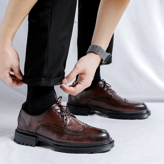 Men's Korean-style wedding bridegroom leather shoes men's business formal wear brogue British style fleece-lined casual leather shoes px25-K