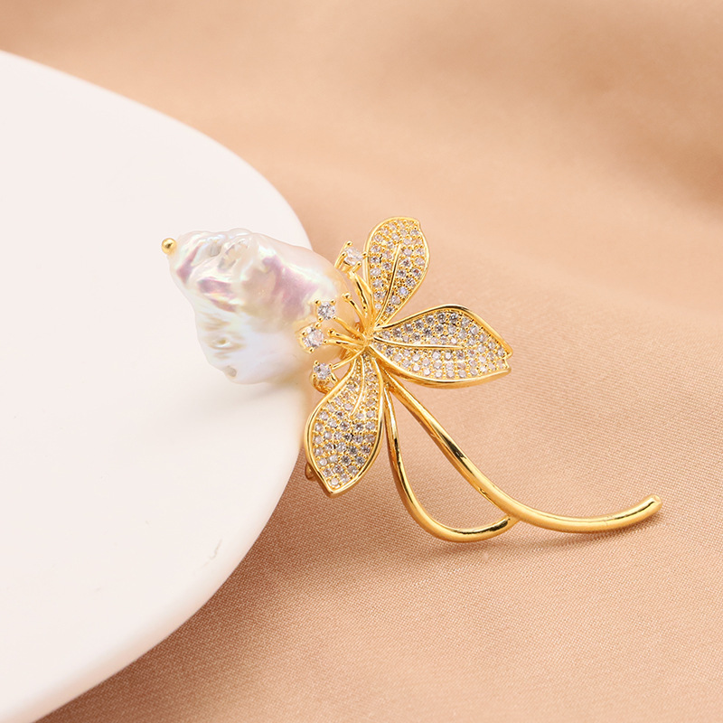 Alta calidad ~ natural perla broche de agua dulce barroco ramillete de alto grado sentido nicho temperamento 18K chapado en oro de la joyería para las mujeres image 3