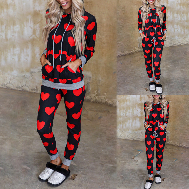 love heart printing long-sleeved hooded clothes set NSZH37420