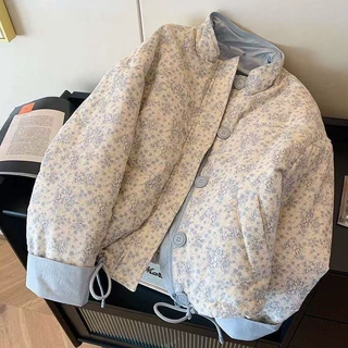 蓝色碎花立领加厚棉服外套女冬新款休闲宽松韩版甜美保暖棉衣白色