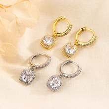 跨境新品欧美时尚耳环精致女士微镶锆石方形吊坠百搭耳扣高级感耳