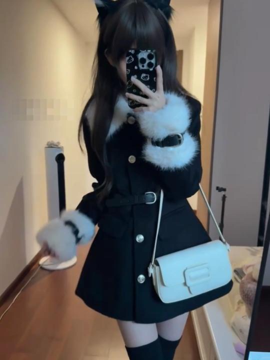 ChicShe College Style Patchwork Woolen With Fur Collar Dress Autumn And Winter, Elegant Waist-Cinching Coat For Rich Socialite_voghion.com
