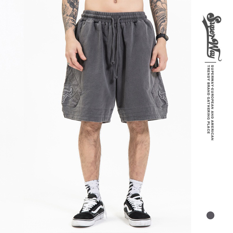 Fg Men's Wear | 2025 Spring and Summer New Trendy Brand Washed Distressed Retro Bull Head Embroidery Casual Basketball Sports Pants Trendy