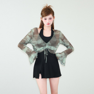 Korean Style New Swimsuit Women's One-piece Three-piece Set Skirt Slim-fit Slim Belly-covering Small Chest Push-up Blouse Swimsuit Women