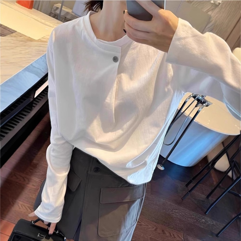 European White Design Sense Long-sleeved T-shirt Women's 2025 Early Spring New Explosions Shoulder Wide Loose Lazy Style Top Instagram
