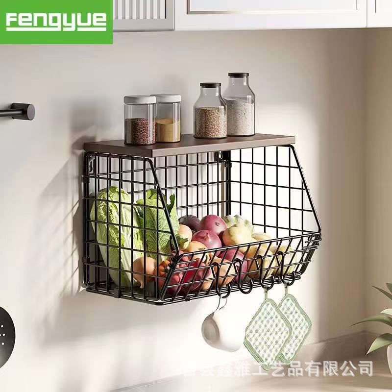 In-Stock Iron-Wood Combination Wall-Mounted Kitchen Food Storage Rack, Stackable Household Cabinet Fruit and Vegetable Storage Basket