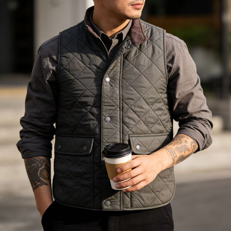 Okonkwo Beckham-Style Corduroy Dom Thick Quilted Vest with Cotton Padding, Diamond Quilted Outdoor Stand Collar Vest Okonkwo Beckham-Style Corduroy Dom Thick Quilted Vest with Cotton Padding, Diamond Quilted Outdoor Stand Collar Vest