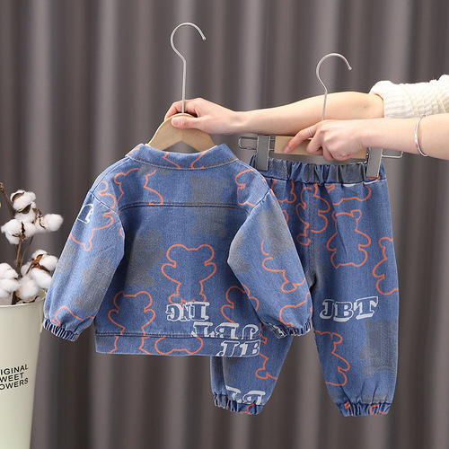 Spring and Autumn New Denim Cardigan Jacket Children's Trendy Suit Boys and Girls Jeans Three-piece Set Wholesale Shipping