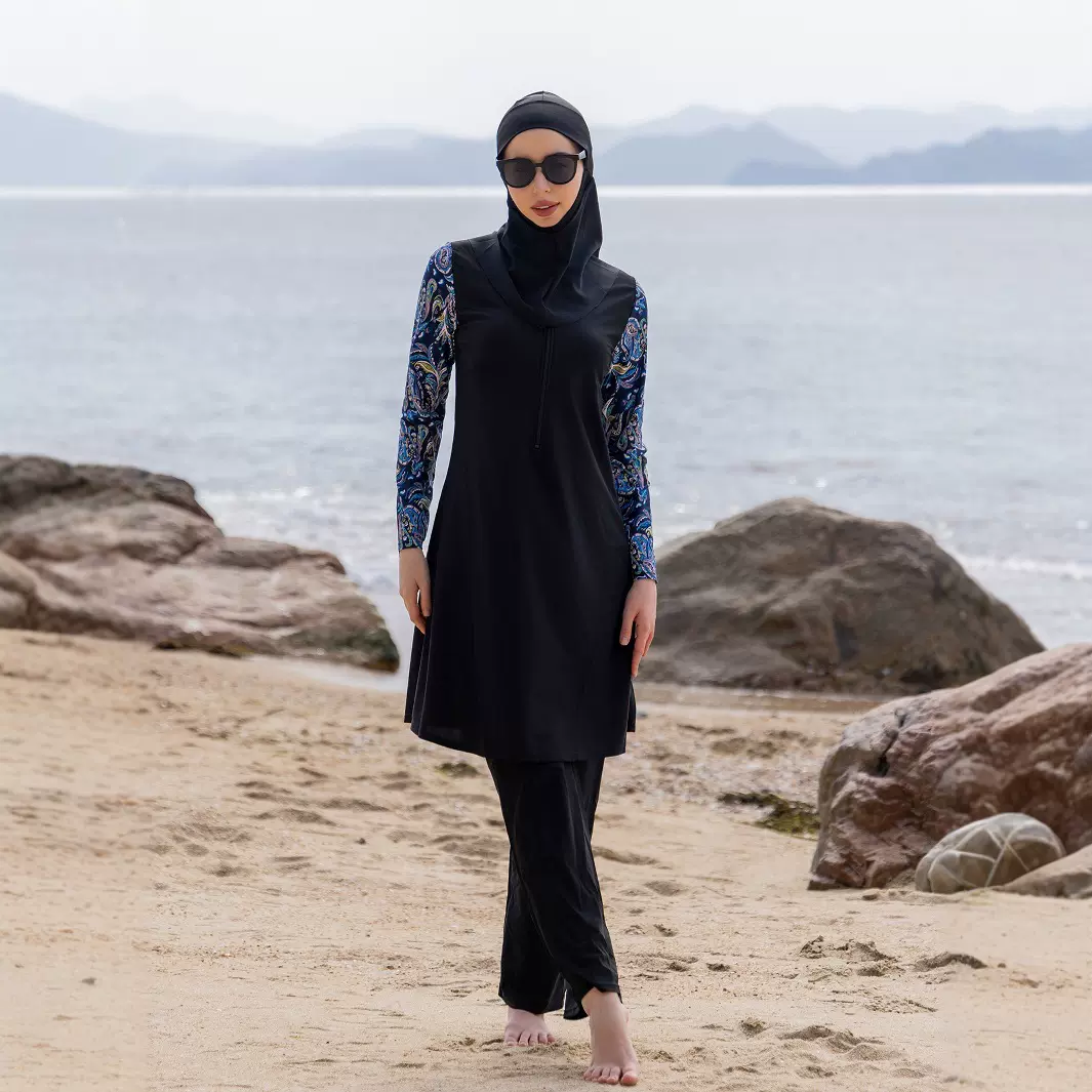 跨境亚马逊雪纺印花修身中长款假两件套大码女胖mm长袖连体泳衣