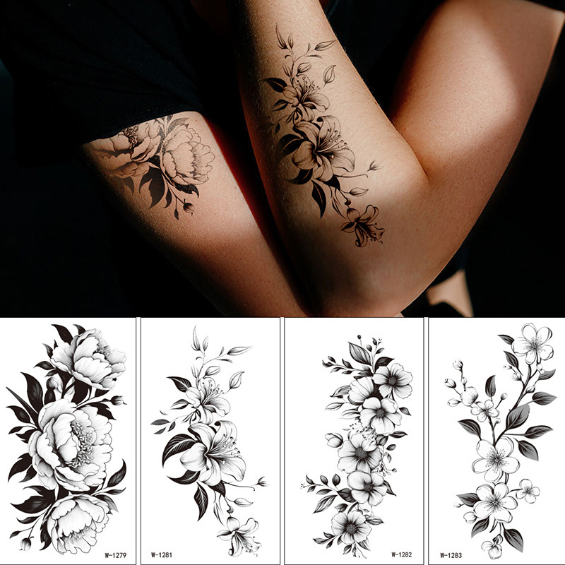 Cross-border European and American minimalist floral tattoo stickers, waterproof and long-lasting, vintage rose black and white sketch floral arm temporary tattoo