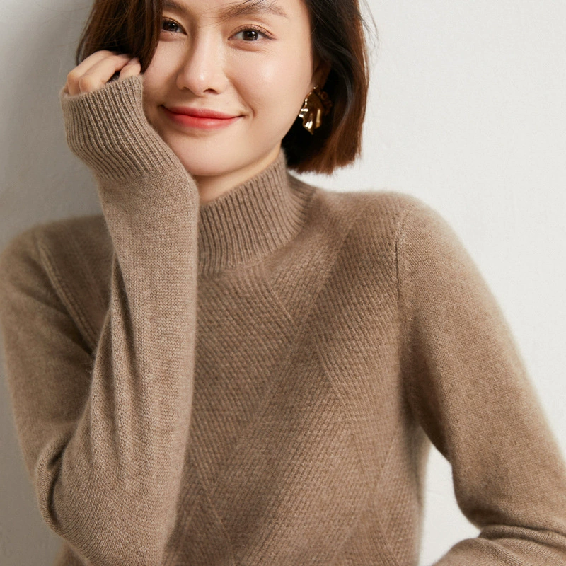 Женская вязаная однотонная универсальная базовая рубашка из 100% чистой шерсти, утолщенная водолазка с высоким воротом