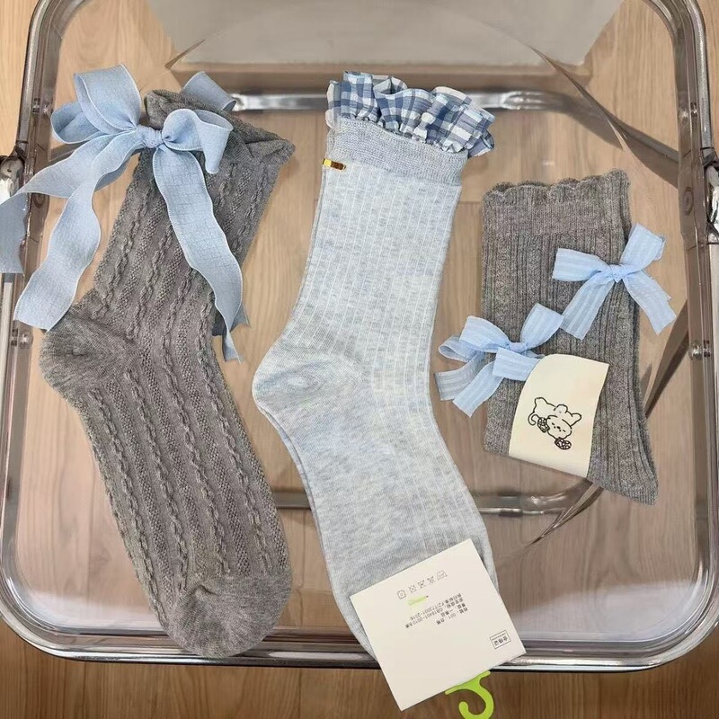 春秋韩系高颜值堆堆袜少女花边日系百搭格子灰蓝色可爱蝴蝶结袜子|undefined