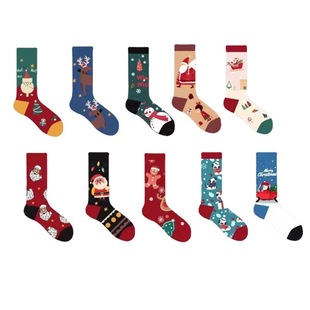 Christmas Socks for the Elderly Cross-Border Amazon Men's and Women's Christmas Socks 37-44 Size Mid-Calf Socks Trendy Long Cotton Christmas Socks