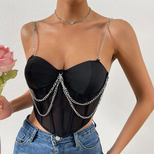 European and American  Summer Street Hot Girl Mesh Perspective Deep V Irregular Steel Ring Fishbone Backless Chain Sling A986