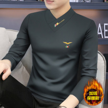 2025新款秋冬季大V领男士长袖t恤衫修身打底上衣内搭加绒保暖男装