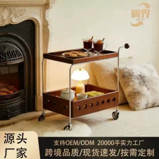 实木小推车可移动边几客厅沙发边柜小户型中古风双层收纳置物餐车