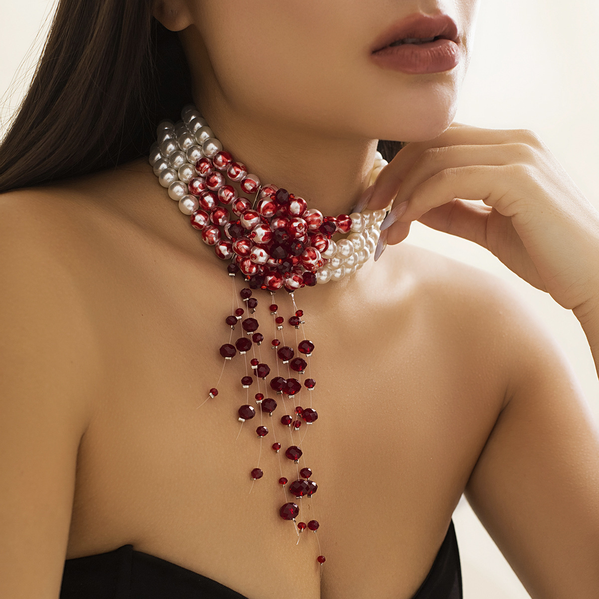 Collana con colletto con frange, dolce e fresco, stile gotico, con goccia di sangue, personalità di Halloween, girocollo con perline_voghion.com