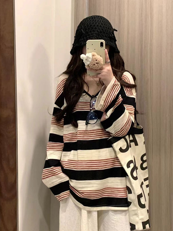美式复古正肩V领条纹长袖t恤女秋内搭打底衫外穿宽松显瘦上衣服|undefined