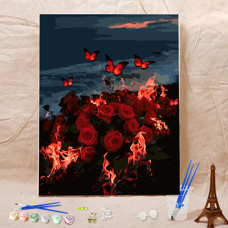 New Flame Rose Digital Oil Painting DIY Coloring Hand-Painted Filled Landscape Flower Oil Painting Wholesale Dropshipping