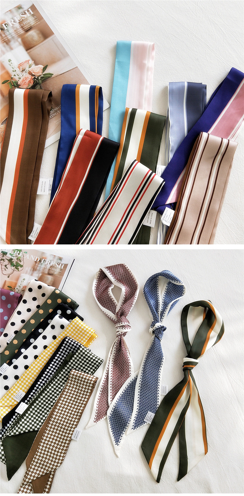 30g Weight Silk Scarf Classification Travel Occasion Unisex Gender Sweet Style Khaki, Grey, White, Purple, Red, Green, Blue, Yellow, Black Color Fashion Narrow Long Small Silk Scarf 无