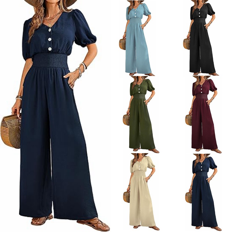Amazon 2025 Summer Women's jumpsuit button short sleeve V-neck tucked jumpsuit casual wide leg pants