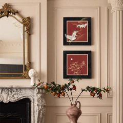 中古風紅色法式中國風竹子鶴新中式客廳裝飾畫掛畫臥室床頭畫餐廳