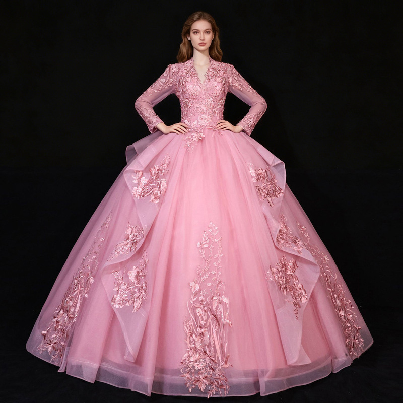 Cross-Border Wedding Dresses 2026 Bride Wedding Gown Vocal Solo Performance Host Performance Dress Long-Sleeve Puffy Skirt