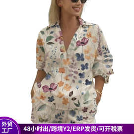跨境外贸衬衫套装女夏季V领印花衬衫亚马逊休闲长袖短裤两件套女