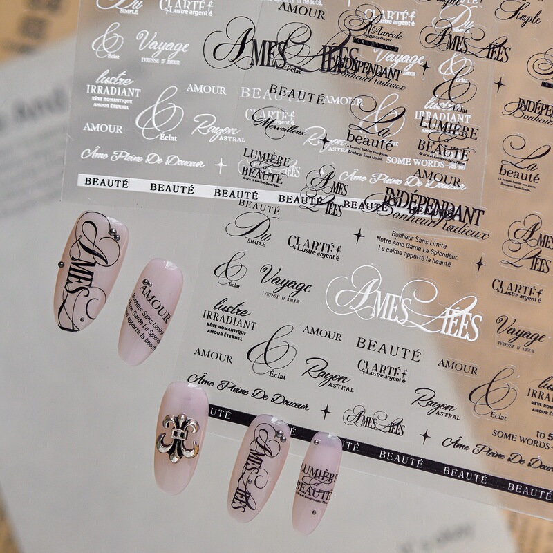 French-style cursive English nail art stickers in black and white with silver foil, artistic fonts, vintage ins nail decorations wholesale