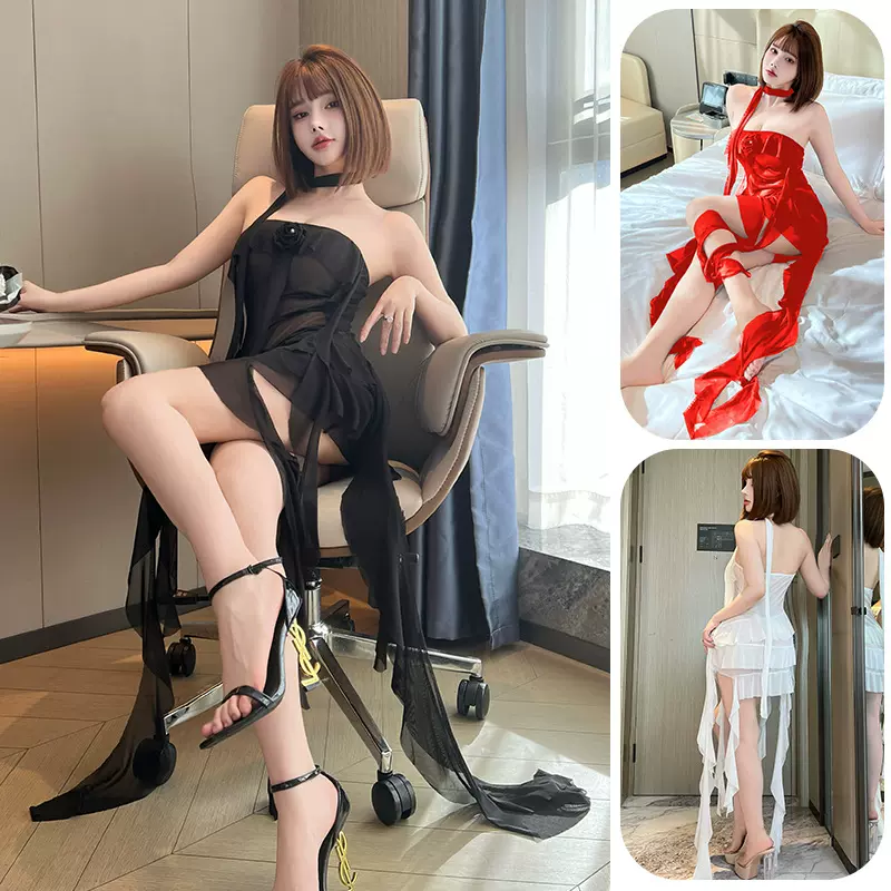 欧美性感挂脖网纱飘带睡裙黑红白多色透视修身女士情趣家居服975