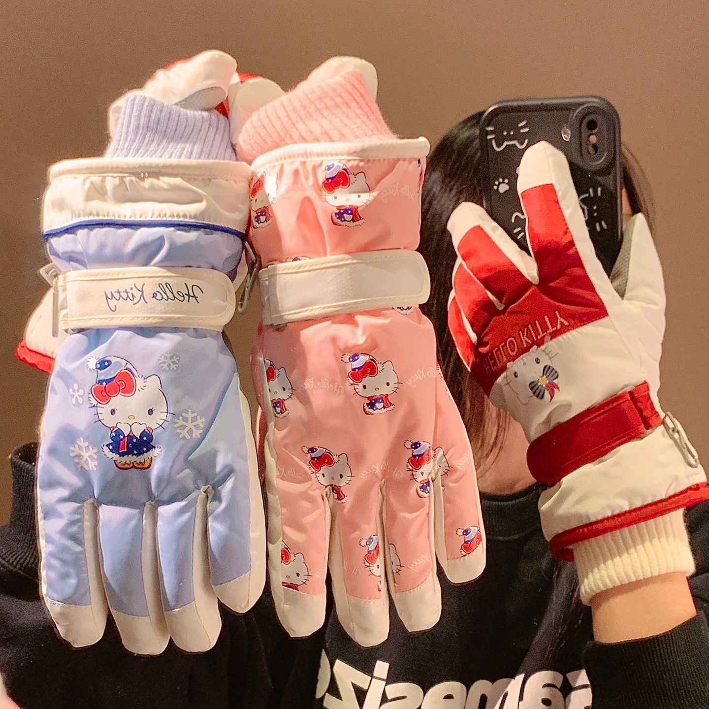 Sanrio auténtico guantes de esquí de montar Hellokitty para mujeres de invierno con pantalla táctil caliente y lindo a prueba de viento para montar en bicicleta