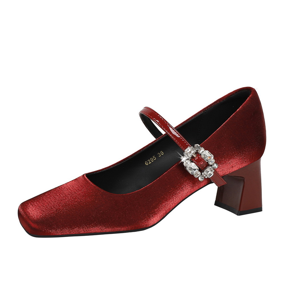 6295-K111 Fashion Versatile Mary Jane Shoes Water Diamond One Word Belt Shallow Mouth Single Shoes Thick Heel Square Head Silk Women's Shoes