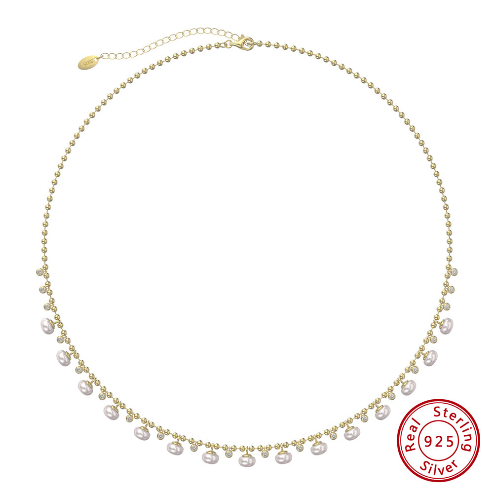 14g Weight 0.03µm Gold Plating Thickness Electroplating Gold Plating Process Spring Ring Trigger Clasp Closure Clasp Closure Type 925 Sterling Silver Freshwater Pearl Zircon Ball Chain Plating Inlay Round Necklace