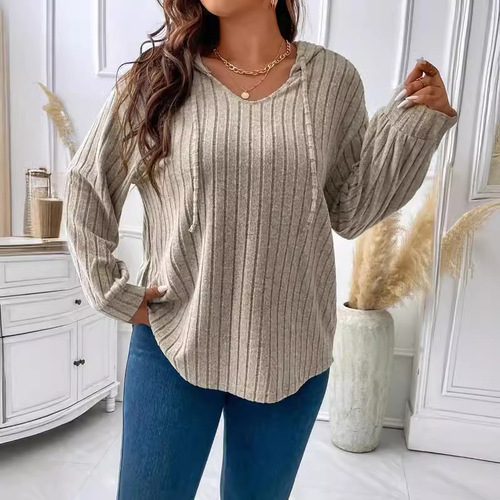 2025 Amazon Autumn/Winter New Pure Color Plus Size Women's Top V-Neck Hooded Long-Sleeve Ribbed Fleece T-Shirt Loose Fit