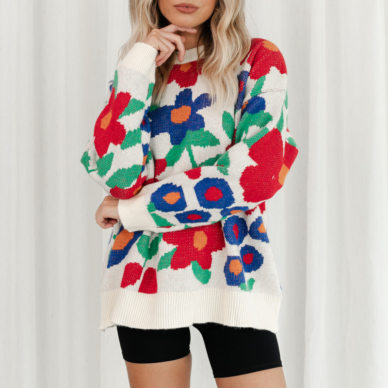 Women's new large flower embroidered round neck loose long-sleeved knitted sweater pullover for women_voghion.com